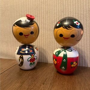 Approximately 7” Colorful Kokeshi Bride and Groom Dolls with Floral Design